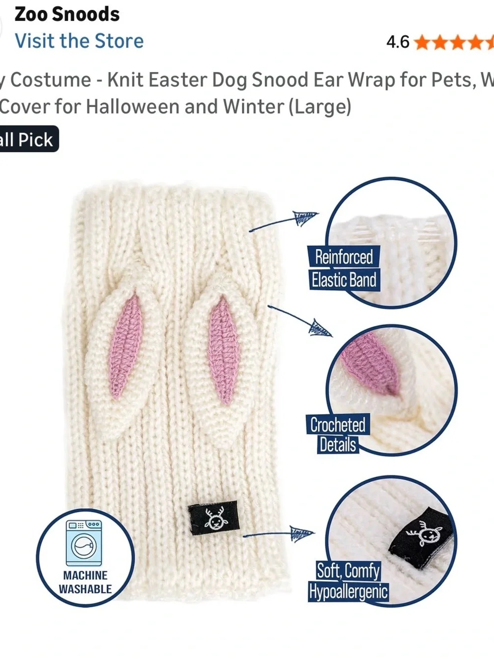 Cute White Bunny-Ear Knit Dog Hood with Pink Accents